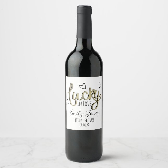 Lucky in Love Hearts Bridal Shower Wine Label (Front)