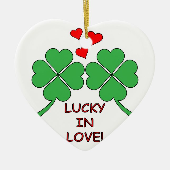 Lucky In Love Hearts Clover Ceramic Ornament (Front)