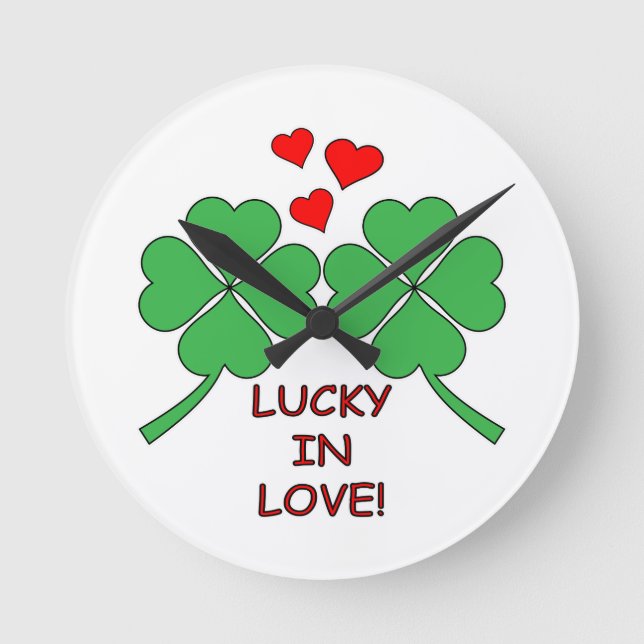 Lucky In Love Hearts Clover Round Clock (Front)