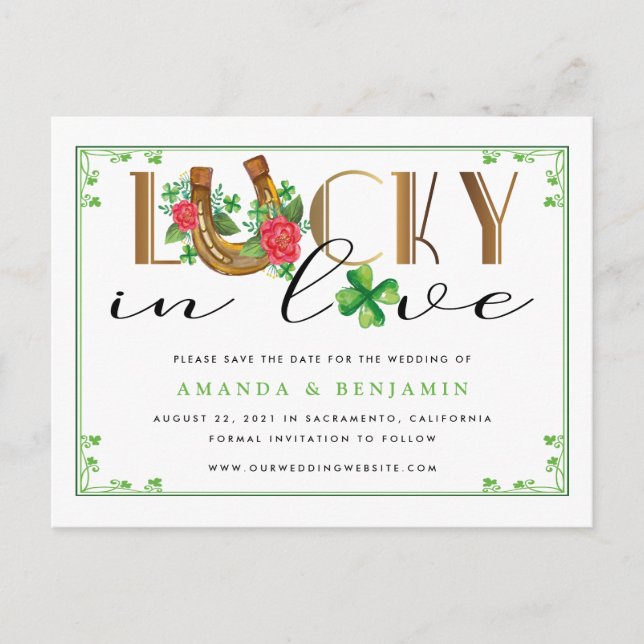 Lucky In Love Horseshoe and Shamrock Save The Date Postcard (Front)