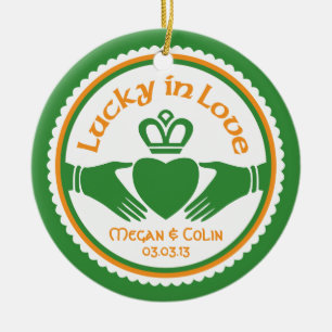 Lucky in Love Irish Claddagh Wedding Anniversary Ceramic Ornament