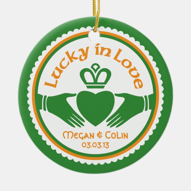 Lucky in Love Irish Claddagh Wedding Anniversary Ceramic Ornament (Front)