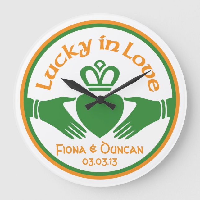 Lucky in Love Irish Claddagh Wedding Anniversary Large Clock (Front)