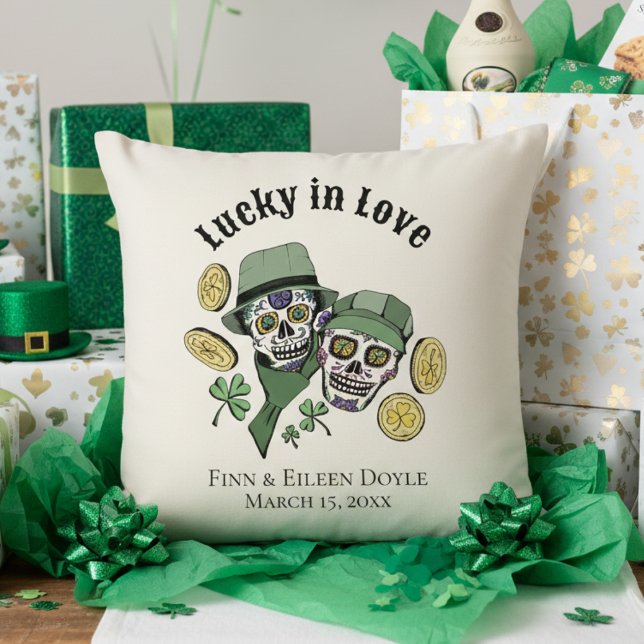Lucky In Love Irish Sugar Skulls Newlywed Cushion (Lucky in Love Irish Couples Shower Ivory Pillows. Irish Sugar Skulls, Green Shamrocks, Gold Coins)