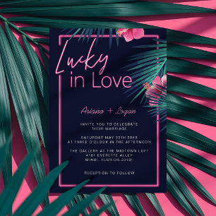 Lucky In Love Neon Pink Tropical Retro Wedding Invitation