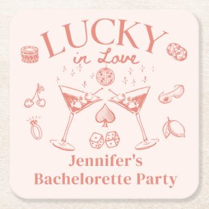 Lucky In Love Peach Cocktail Bachelorette Square Paper Coaster