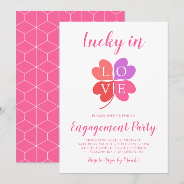 Lucky In Love Pink Heart Shamrock Engagement Party Invitation (Front/Back)