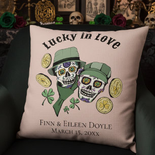 Lucky In Love Pink Irish Sugar Skulls Newlywed Cushion