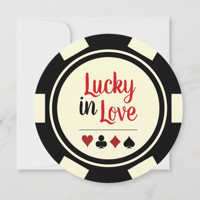 Lucky In Love Poker Chip Black Off-White Wedding Invitation (Front)