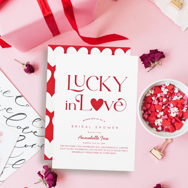 Lucky in Love Red Heart Bridal Shower Invitation (Creator Uploaded)