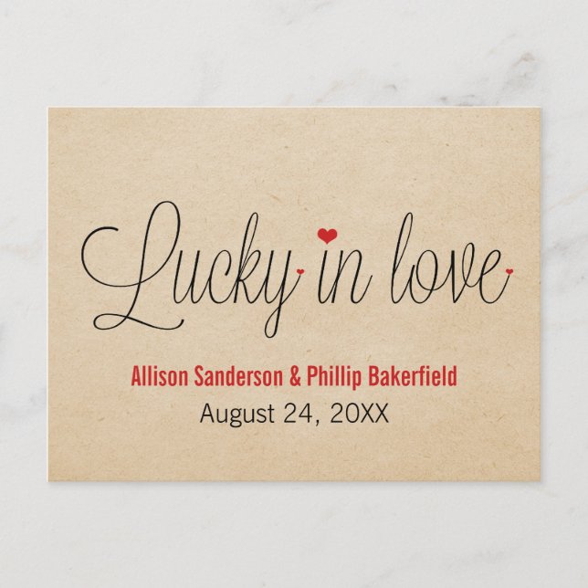 Lucky in Love Save the Date Postcard, Red Announcement Postcard (Front)