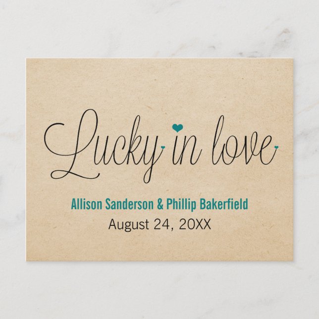Lucky in Love Save the Date Postcard, Teal Announcement Postcard (Front)