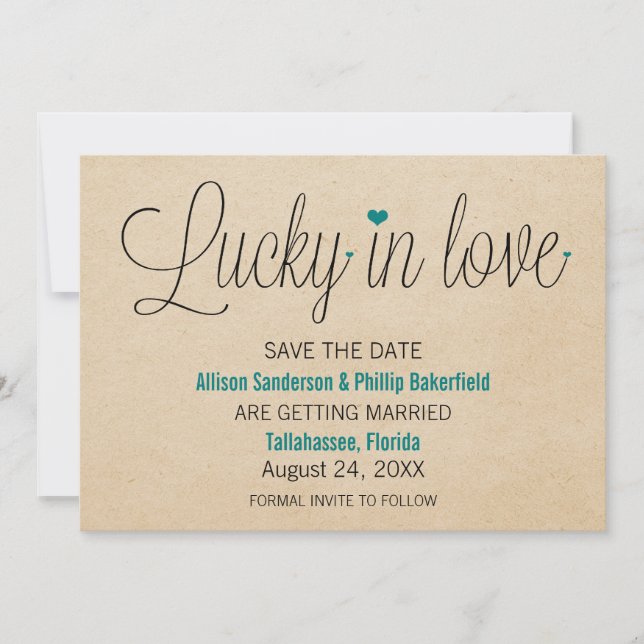 Lucky in Love Save the Date, Teal Date (Front)