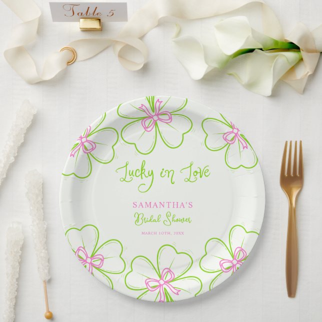 Lucky in Love ShamrockPink Green  Bridal Shower  Paper Plate (Wedding)