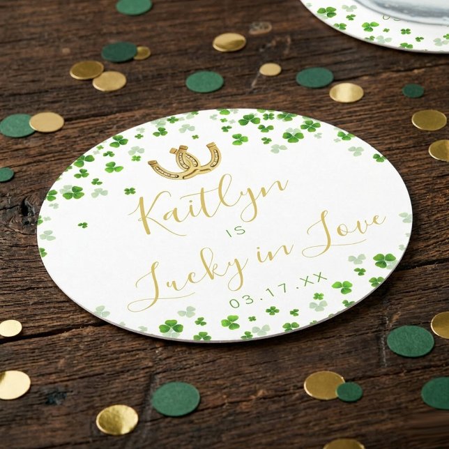 Lucky In Love St. Patrick's Day Bridal Shower Round Paper Coaster (Creator Uploaded)