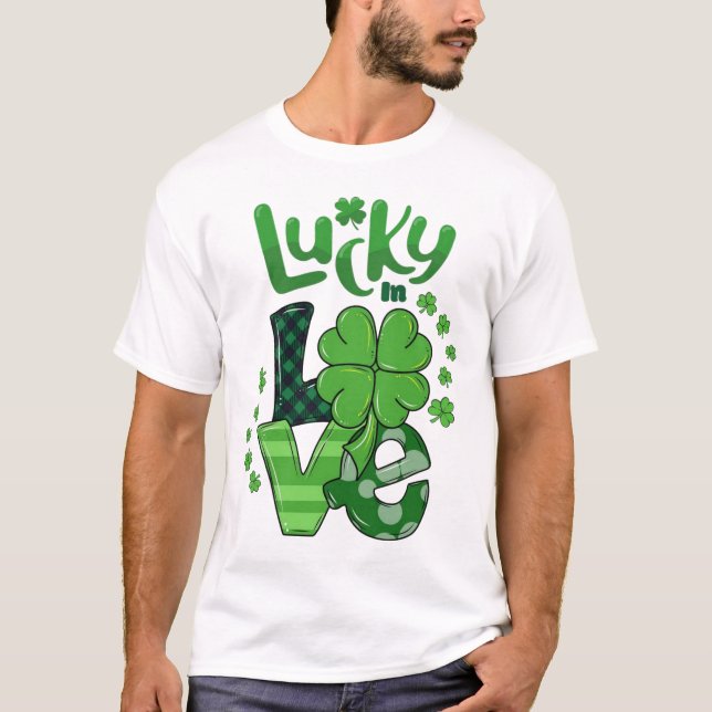 Lucky In Love St. Patrick's Day Patterned Shamrock T-Shirt (Front)
