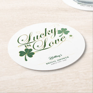 Lucky in Love St Patrick's Modern Bridal Shower  Round Paper Coaster