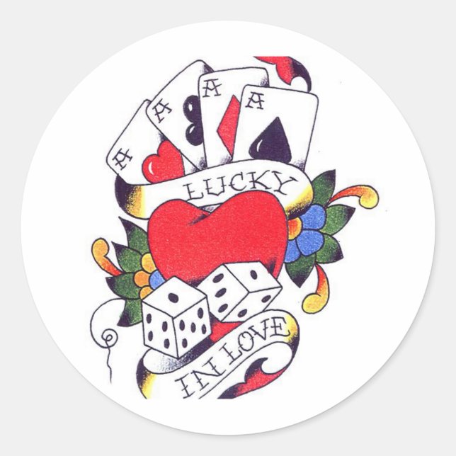 LUCKY IN LOVE TATTOO CLASSIC ROUND STICKER (Front)