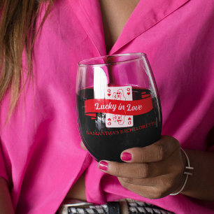 Lucky In Love Vegas Pink & Red Bachelorette Favour Stemless Wine Glass