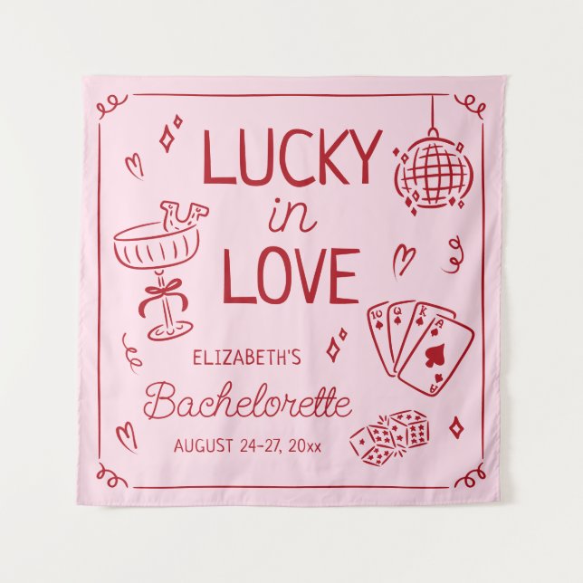 Lucky In Love Whimsical Hand Drawn Bachelorette Tapestry (Front)
