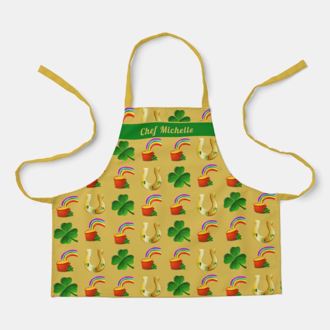 Lucky Irish Chef Personalised Gold Green Apron (Front)