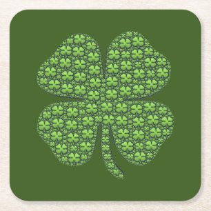 Lucky Irish Clover Dark Green Square Paper Coaster