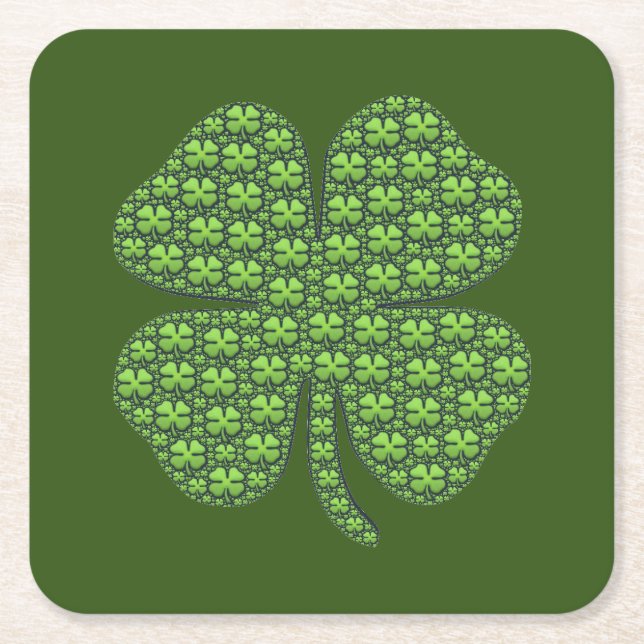 Lucky Irish Clover Dark Green Square Paper Coaster (Front)