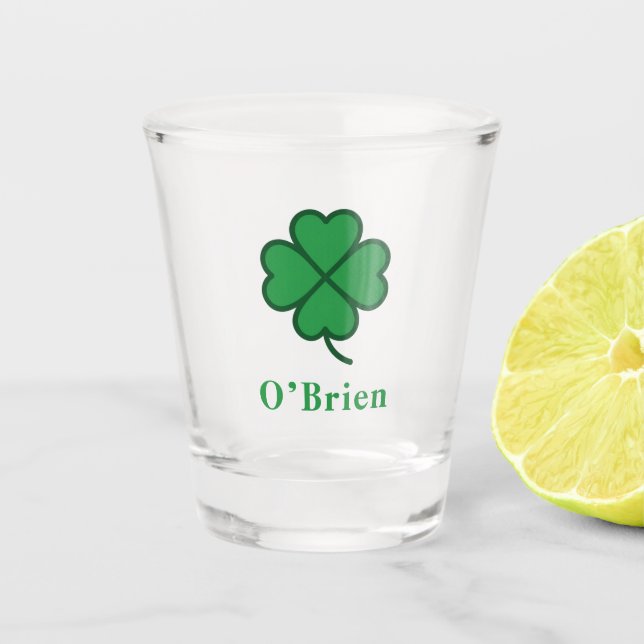 Lucky Irish Four Green Leaf with Last Name Shot Glass (Front)