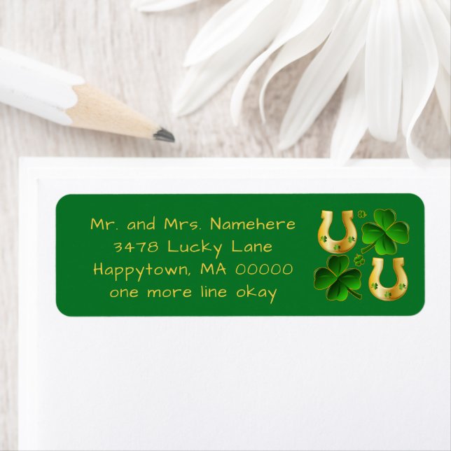 Lucky Irish Green Clover Horseshoes return address Label (Insitu)