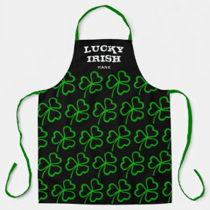 Lucky Irish Green Shamrock Pattern Black Monogram Apron
