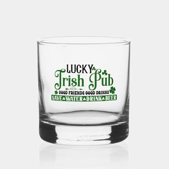Lucky Irish pub clover St. Patricks Day Whiskey Glass (Front)