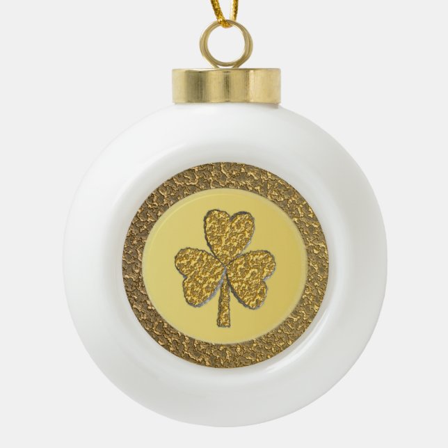 Lucky Irish Shamrock Gold Coin Ceramic Ball Christmas Ornament (Front)