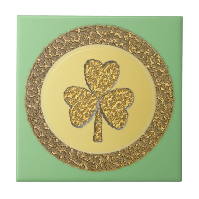 Lucky Irish Shamrock Gold Coin Ceramic Tile (Front)