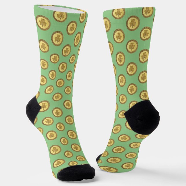 Lucky Irish Shamrock Gold Coin Patterned Socks (Angled)