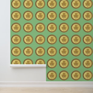 Lucky Irish Shamrock Gold Coin Patterned Wallpaper