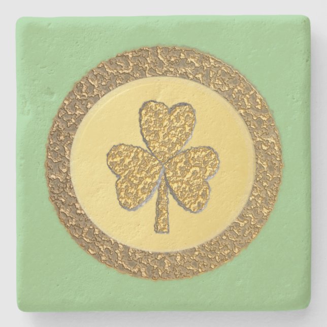 Lucky Irish Shamrock Gold Coin Stone Coaster (Front)