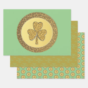 Lucky Irish Shamrock Gold Coin Wrapping Paper Sheet