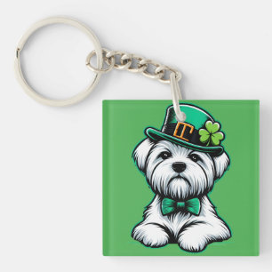 Lucky Irish Shamrock Maltese Dog St Patricks Day Key Ring