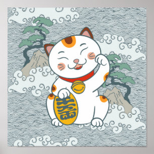 Lucky Japanese Calico Cat   Maneki Neko Left Paw P Poster