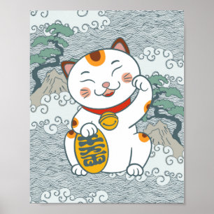 Lucky Japanese Calico Cat   Maneki Neko Left Paw P Poster