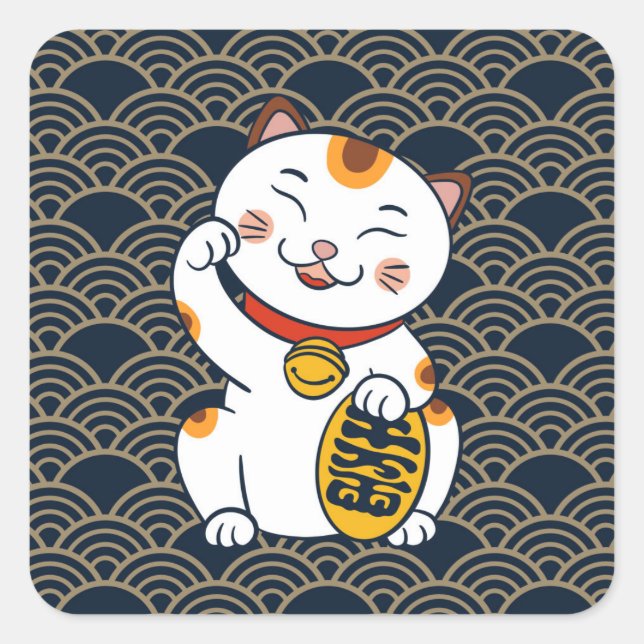 Lucky Japanese Calico Cat | Maneki Neko Square Sti Sticker (Front)