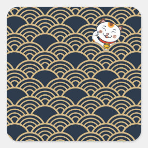 Lucky Japanese Calico Cat   Maneki Neko Square Sticker