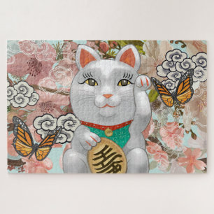 Lucky Japanese Cat Flower Blossoms Jigsaw Puzzle