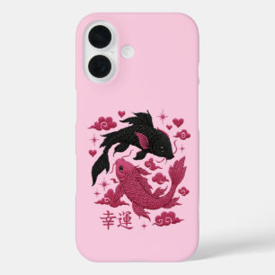 Lucky Koi Yin-Yang Embroidery Black & Pink Aesth iPhone 16 Case