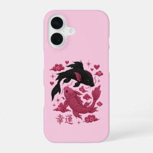 Lucky Koi Yin-Yang Embroidery   Black & Pink Aesth iPhone 16 Case