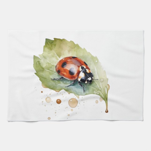 Lucky Ladybug on Leaf Tea Towel (Horizontal)