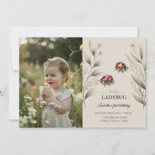 Lucky Ladybug Photo Floral Girl 1st Birthday  Invitation