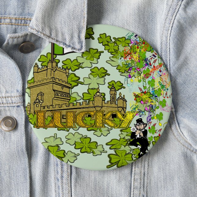 Lucky Leprechaun and His Irish Castle 6 Cm Round Badge (In Situ)