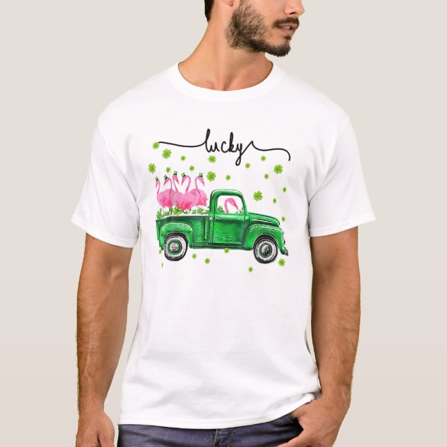 Lucky Leprechaun Flamingos Driving Truck St Patric T-Shirt (Front)