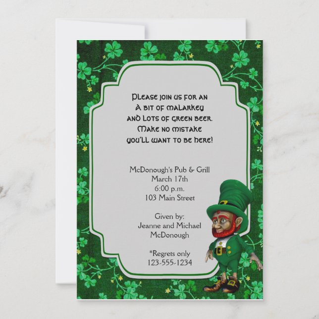 Lucky Leprechaun on Shamrocks Party Invitation (Front)
